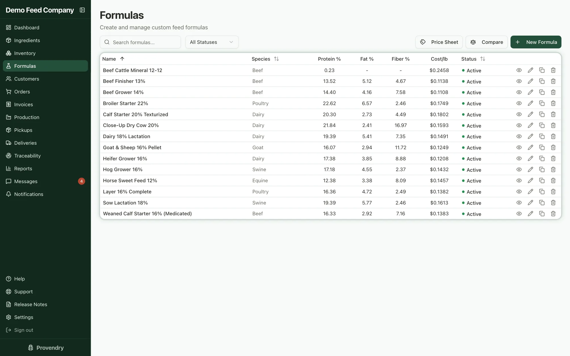 Formula library listing feed formulas with species, status, and cost per ton