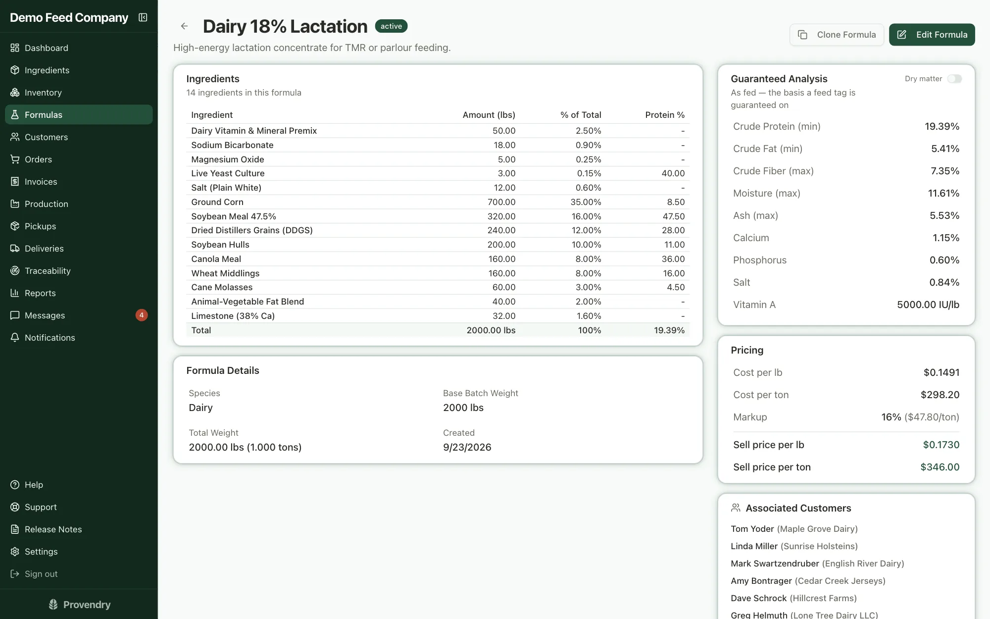 The Dairy 18% Lactation formula showing its ingredient breakdown, guaranteed analysis, cost per ton and sell price