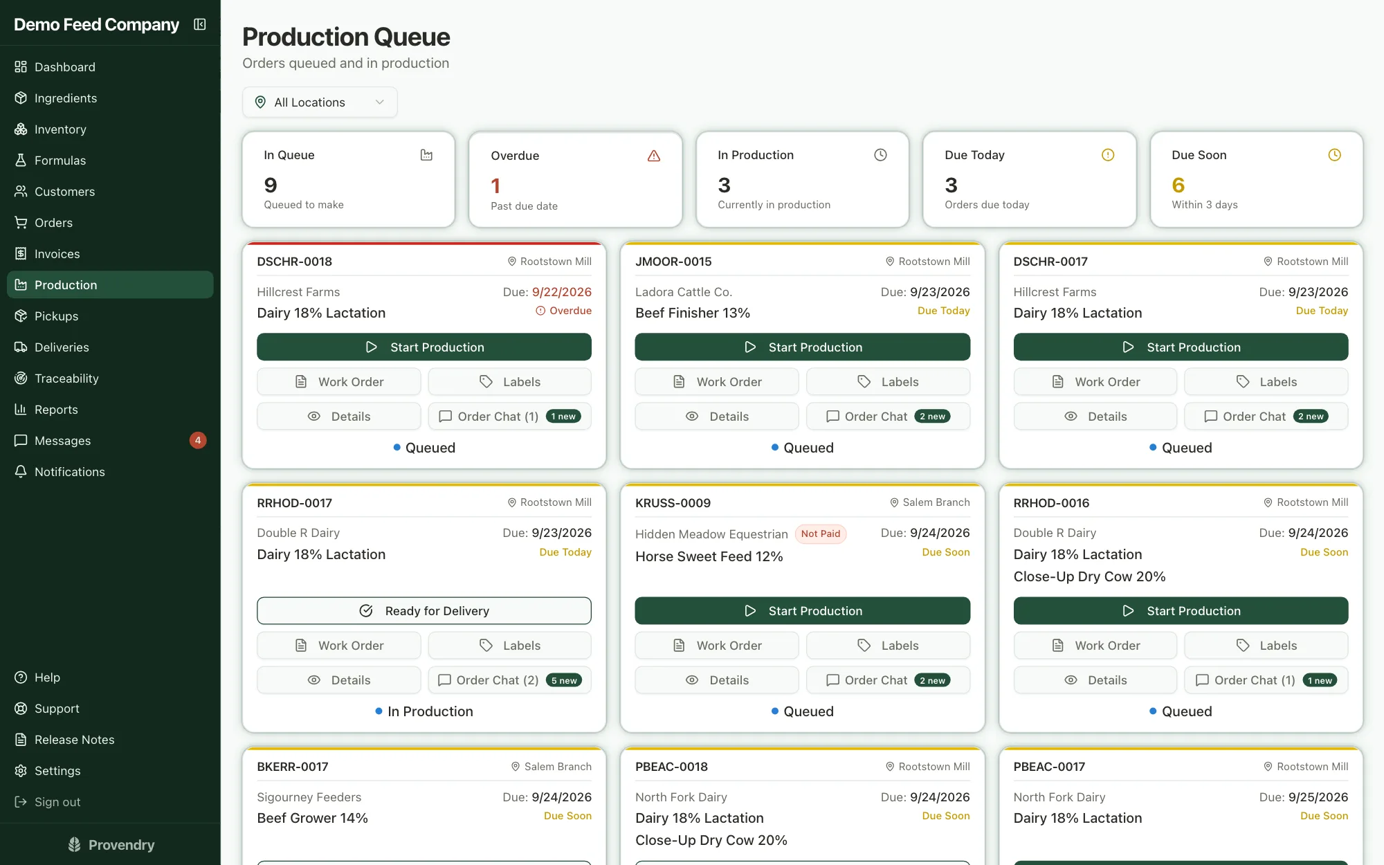 Production queue with batch cards showing status, location, due date, and work order actions