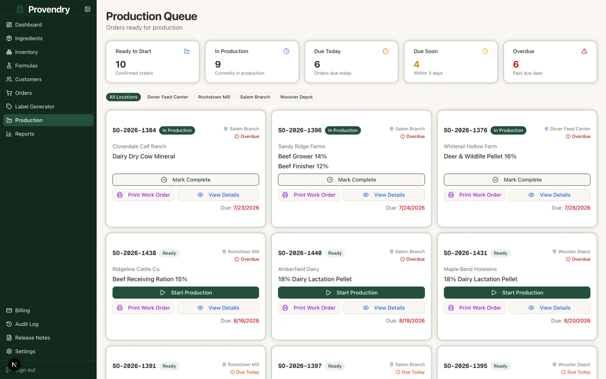 Production queue with batch cards showing status, location, due date, and work order actions