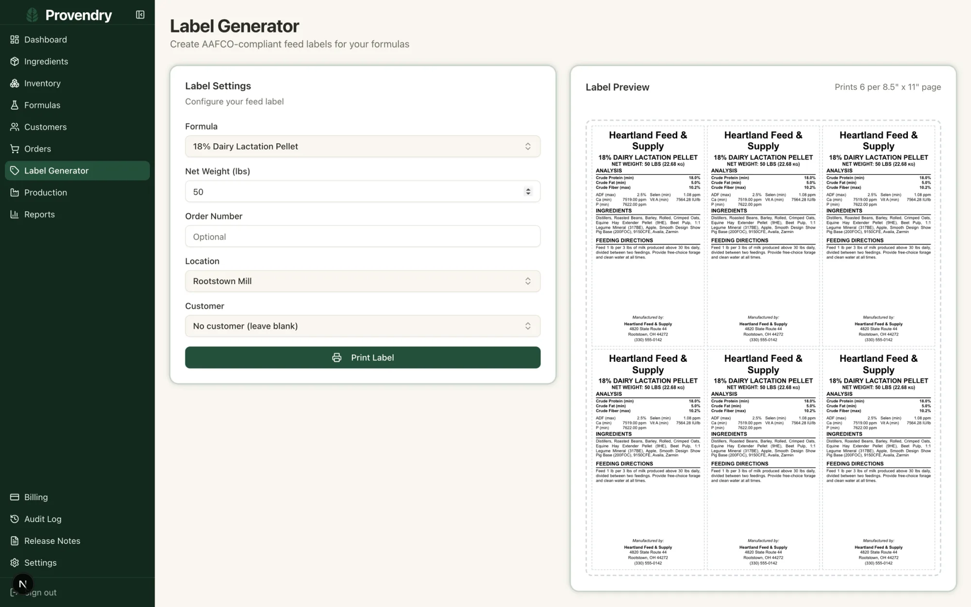 Label generator previewing six AAFCO-style feed tags with guaranteed analysis and feeding directions
