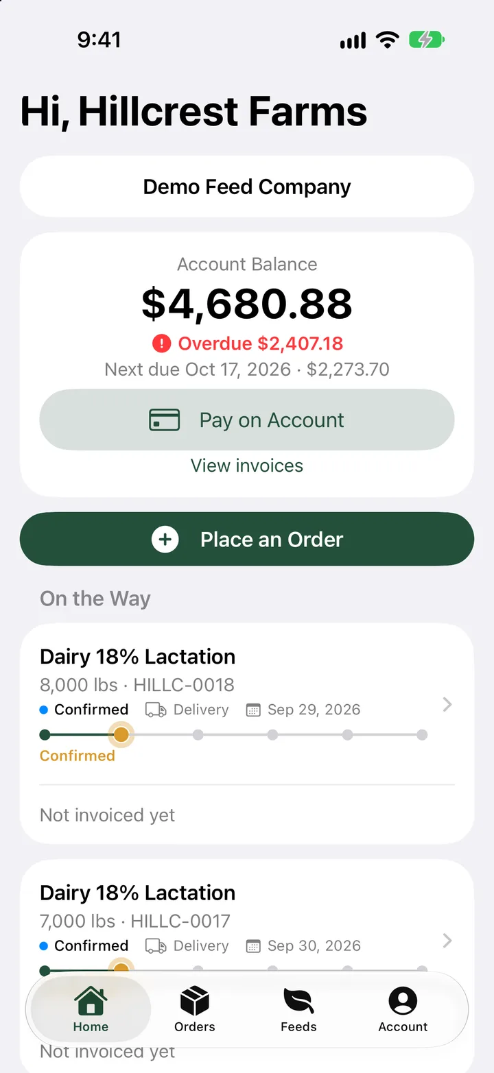 Provendry on iPhone: a farm's own account with its balance, a Pay on Account button and its orders on the way