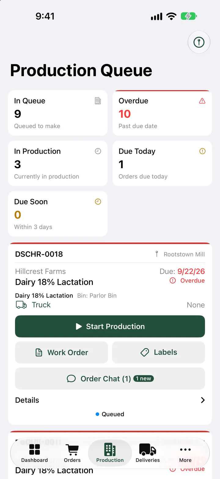 Provendry on iPhone: the production queue with a Start Production button on each load